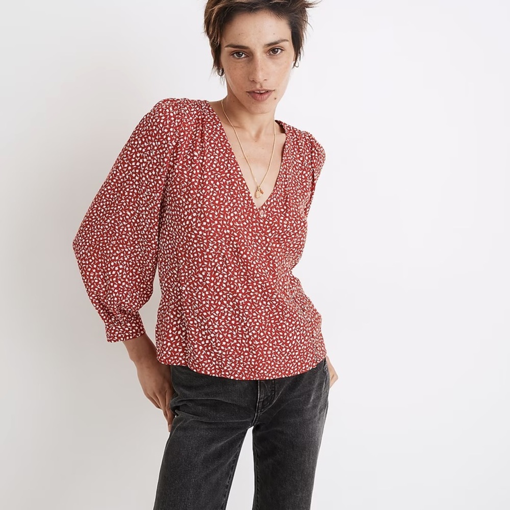 Madewell Kinston Side-Button Wrap Top in Park Picnic Red/White Sz XXS